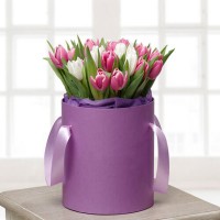 29 тюльпанов микс в шляпной коробке "Сиреневый рай"